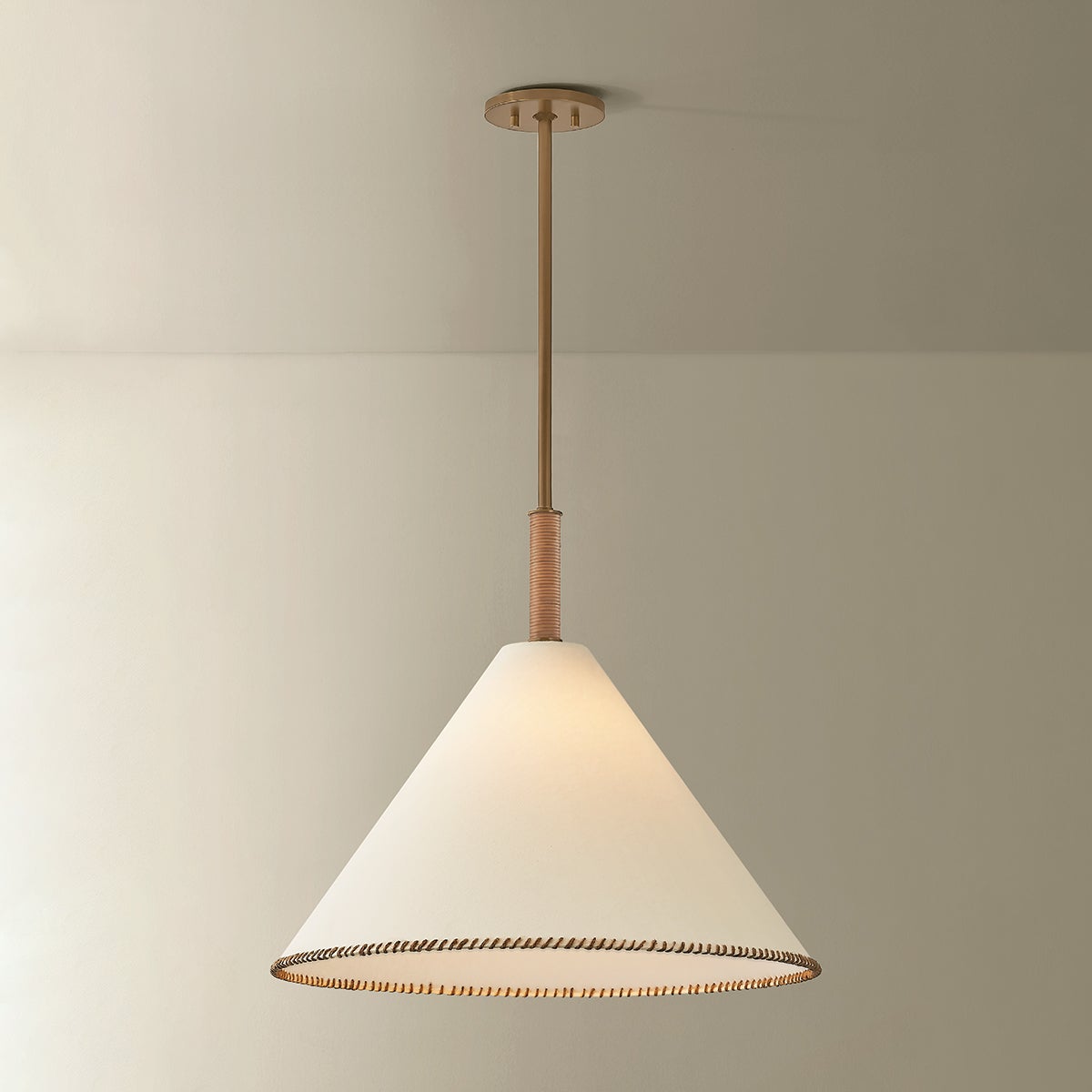 Troy Lighting Stoney Pendant 1-Light Conical Fabric Shade Patina Brass