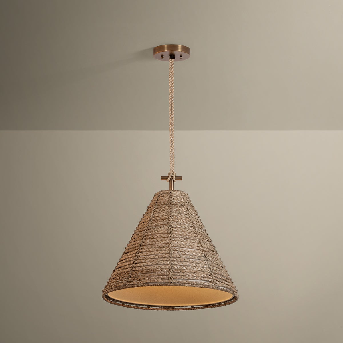 Troy Lighting Redwood Pendant Wheat Linen Shade 20in Patina Brass