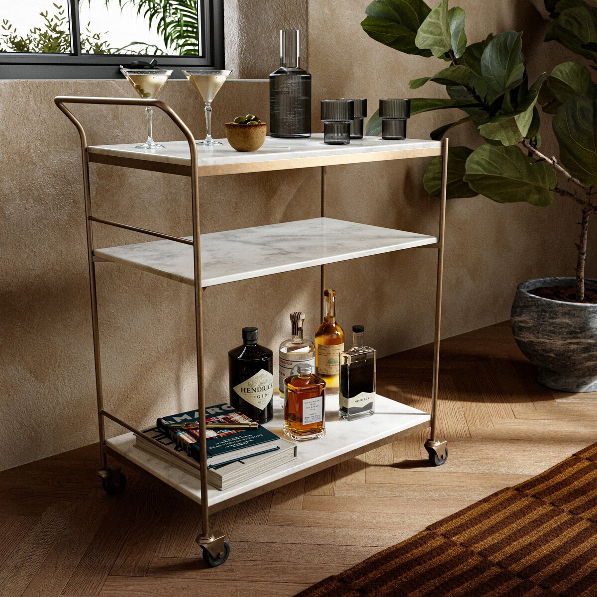 Felix Rectangular Bar Cart Antique Brass White Marble
